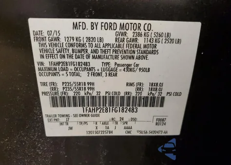 2015 Ford Taurus Sel из США, поврежденный, VIN 1FAHP2E81FG182483